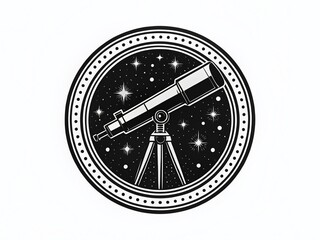 Black & White Telescope Circular Stamp Logo:  Vintage Astronomy Observatory Badge Design, SVG