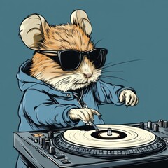 Cool Mouse DJ Mixing Records in the Studio with Sunglasses and a Hoodie Performing a Concert Show
