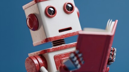 Retro Robot Reading a Book with Red and White Body and Silver Hands Against Blue Backdrop