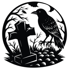 Naklejka premium Silhouette Raven on Tombstone in Spooky Graveyard Scene Illustration