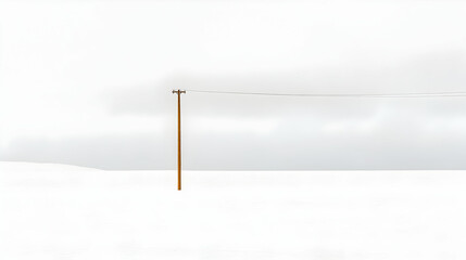 Lone electric pole stands in a snow-covered landscape under an overcast sky
