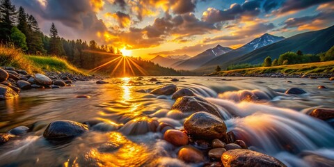 Naklejka premium Breathtaking Sunset Macro Photography: Mountain River Golden Hour Landscape
