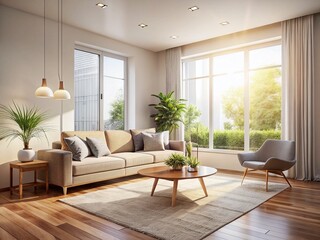 Fototapeta premium Bright Minimalist Living Room Interior Design with Natural Sunlight Streaming Through Window