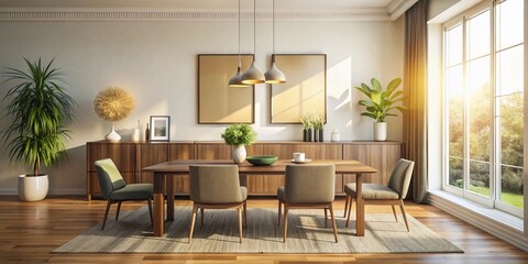 Fototapeta premium Bright Dining Room with Empty Frame, Modern Sideboard, High Depth of Field Stock Photo