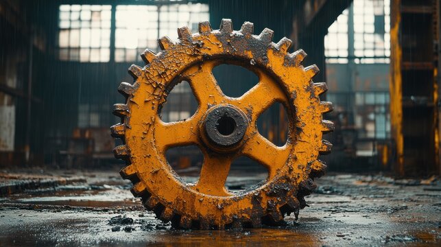 A large yellow gear sits on a dirty floor in an industrial setting.