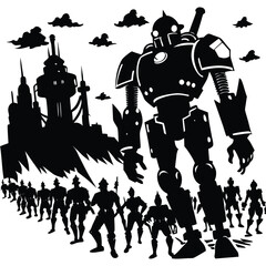 Giant Robot Army Marching on City Silhouette in Vector Art Style