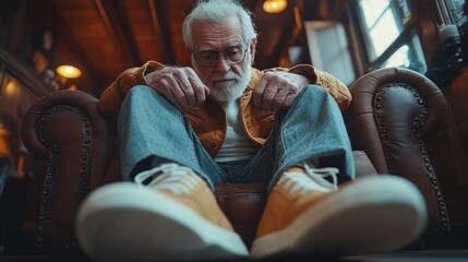 Elderly man sits in armchair wearing casual clothes and sneakers looking down.