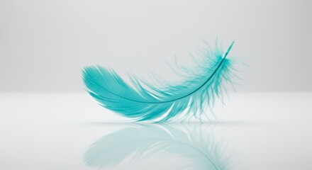 Fototapeta premium Turquoise Feather Gently Floating Above a Reflective White Surface in a Minimalist Studio Setting with Soft Lighting Showcasing Delicate Barbs Casting Subtle Shadows Captured by a Macro Lens