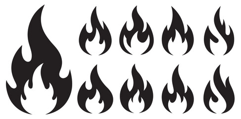 Flame Icon Set – Black Fire Silhouette Vector Collection for Design and Graphics

