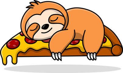 Cute Sloth Sleeping on Pizza Slice – Funny Cartoon Animal Food Illustration for Relaxation and Lazy Lifestyle Concepts