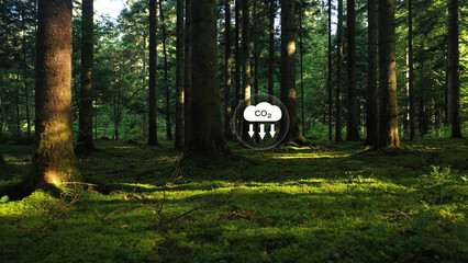 Artistic icon of carbon dioxide in a wonderful green mossy forest.