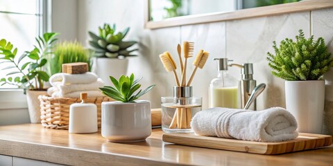 Fototapeta premium Candid Shot of Bathroom Essentials: Towels, Soap, and More
