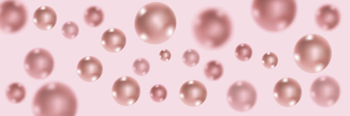 Realistic pearls in the air in pink color. Round colored nacre formed inside the shell of a pearl oyster, gemstone. Vector illustration.