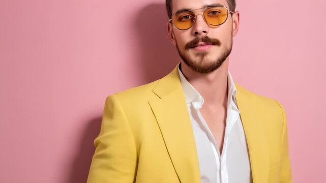 Stylish man posing against pink backdrop in yellow suit jacket and tinted sunglasses with a confident and elegant look.