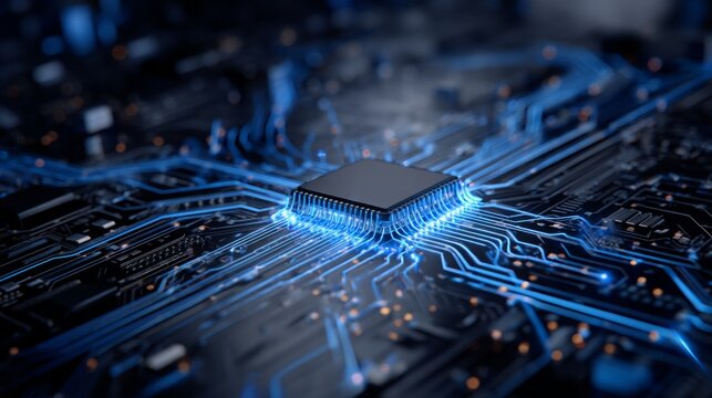 Futuristic glowing microchip with blue light trails and circuit board design