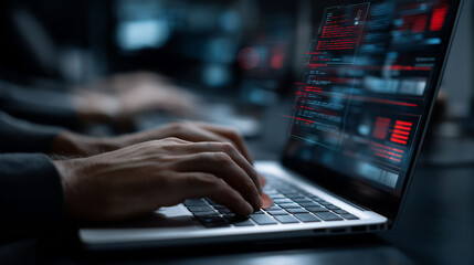 Malware prevention ransomware infrastructure. Spyware detection. Trojan detection. Endpoint vulnerability. Zero-day detection. Employee laptop cybersecurity AI scanning image.