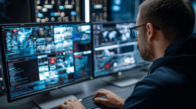 Malware prevention ransomware infrastructure. Spyware detection. Trojan detection. Endpoint vulnerability. Zero-day detection. Cybersecurity analyst monitoring real-time ransomware threats
