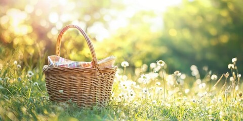 a basket full of flowers in a field in the sun 