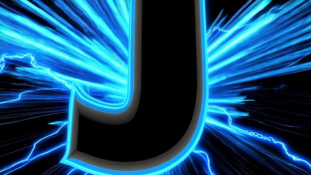Dynamic blue lightning strikes around a stylized 3D letter J symbol, set against a dark cosmic background with electric bursts and energy trails