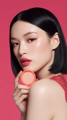 asian woman with short hair holding up makeup compact powder mock up cosmetics brand dark pink background social media mobile vertical format