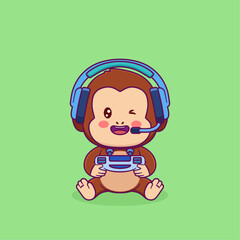Vector illustration of cute cartoon monkey holding joystick and wearing headphone. Animal and technology icon concept Isolated. Baby monkey in flat cartoon style.