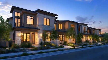 Obraz premium Modern Townhomes at Dusk: A stunning architectural capture showcases contemporary townhouses, bathed in the soft hues of twilight. Modern design, highlighting comfortable living and community. 