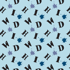 Seamless pattern with doodle grunge letters of the English alphabet . blue background with ink marks