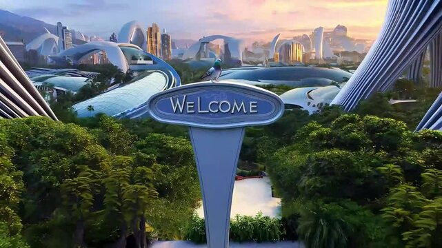 Colorful pigeon perched on futuristic welcome sign with sci-fi city skyline in background at sunset. Concept of utopian future and harmonious coexistence