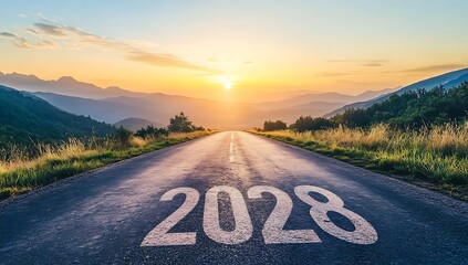 The number 2028 is written on the asphalt road leading to the horizon, with beautiful mountains and sunsets in the background. The concept of setting new goals for the coming year
