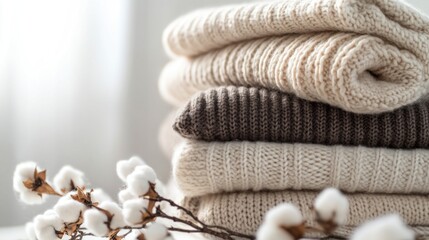 Stack of soft, neutral-toned sweaters