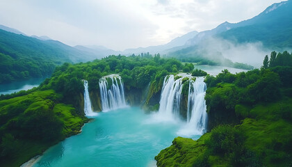 Fototapeta premium Lush Waterfall with Mountain Landscape. (1)