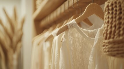 Stylish, neutral-toned clothing collection on wooden hangers