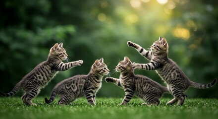 Dynamic Kittens Playfully Leaping and Grooming in Bokeh Emerald Green Background on Meadow of Grass Charming Scene for Animal Lovers and Springtime Celebration