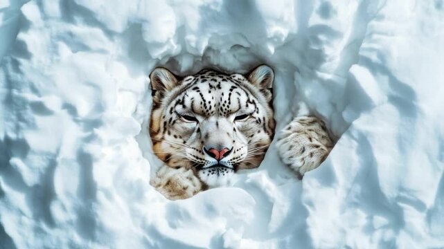 Snow Leopard's Solitude: An captivating aerial perspective captures a serene snow leopard nestled amidst a blanket of pristine white snow, embodying the tranquility of the cold winter.
