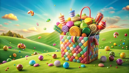Colorful 3D Cartoon Shopping Bag Overflowing with Candy & Treats in a Sunny Landscape