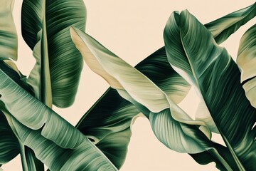 Lush tropical foliage arrangement on a pastel background.