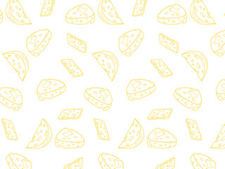 Cartoon Cheese doodle seamless pattern for background and packaging. Vector design. Various cheese design wallpaper. Variety of cheese icon. Cheese pattern background set. Collection icon cheese.