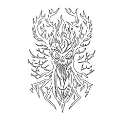 Stylized line art depicting a skeletal face merged with organic tree-like forms