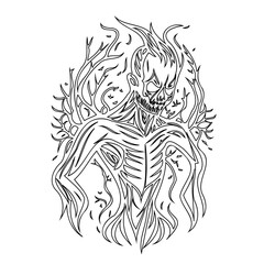 Line Art Illustration: Ethereal Being Emerging from Entwined Branches and Roots
