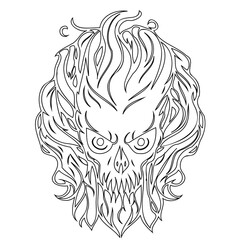 Intricate Line Art Depiction of a Skull engulfed in a Mystical Flame
