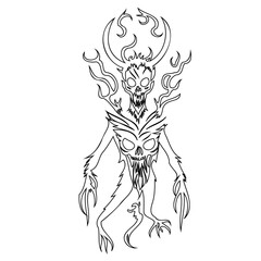 Ethereal entity, spectral guardian with skull faces and elongated limbs