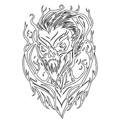 Intricate monochromatic line art depicting a stylized, demonic figure with flames