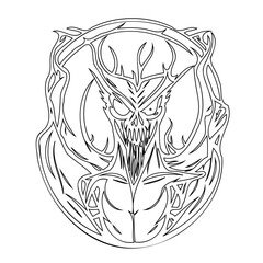 Abstract line art illustration showcasing a demon with antlers and sharp teeth