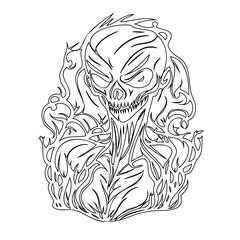 Eerie line art illustration of a skeletal figure engulfed in swirling flames
