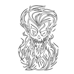 Stylized Line Art Depiction of a Skull Figure with Flowing Hair Design