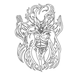 Abstract depiction of a demonic figure with intricate line art and fire elements