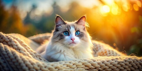 Cozy Blue-Eyed Ragdoll Cat in Knit Blanket - Relaxing Pet Stock Photo