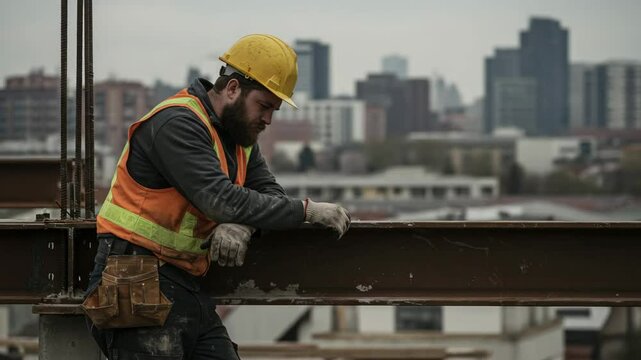 construction worker depressed expression with building background