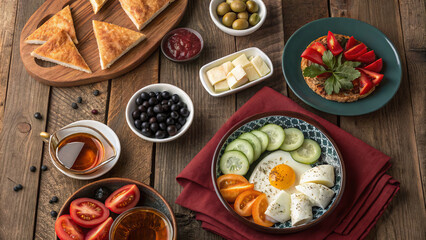 Traditional Turkish Breakfast  – Authentic Kahvaltı Spread with Cheese, Olives, Simit, Menemen, and Tea on White Background