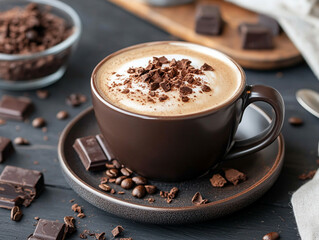 Fototapeta na wymiar Chocolate shavings on top of creamy cappuccino in coffeehouse setting, warm tones